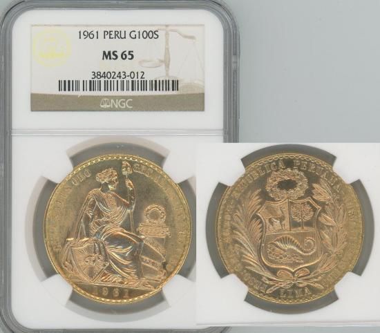 ペルー 1961 100ソル 女神の坐像 金貨 NGC MS65 - 【鑑定済