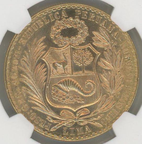 ペルー 1961 100ソル 女神の坐像 金貨 NGC MS65 - 【鑑定済