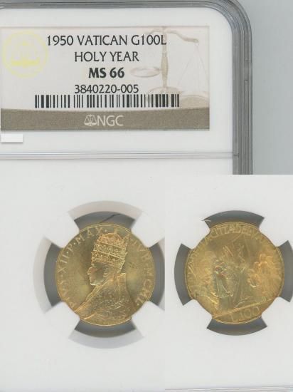 バチカン 1950 100リラ ピウス12世 「Holy Year」(聖年) 金貨 NGC MS66