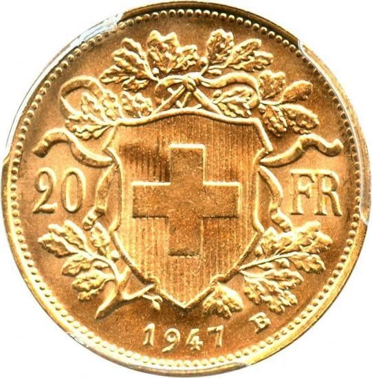 スイス 1947B 20フラン ブレネリ アルプスと少女 金貨 NGC MS66