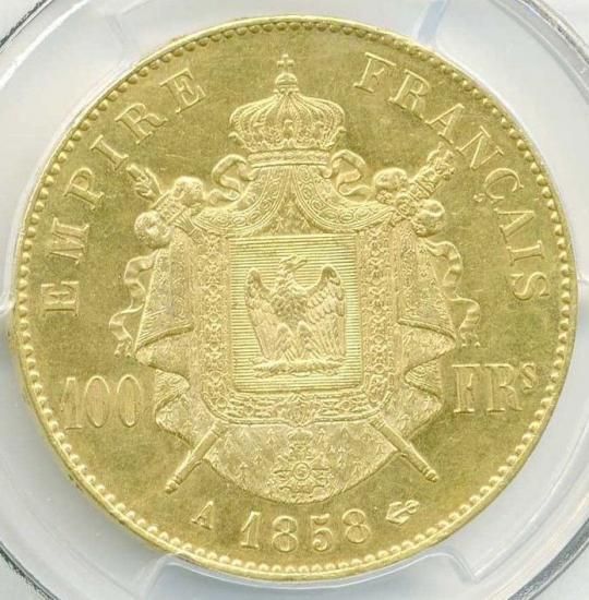 フランス 1858A 100フラン ナポレオン 無冠 金貨 PCGS MS61
