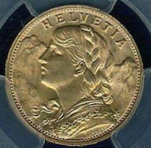 スイス 1947B 20フラン ブレネリ アルプスと少女 金貨 PCGS MS66