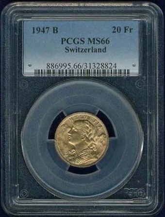 1949年NGC MS66 スイス・ベルン アルプス ブレネリ 20フラン金貨