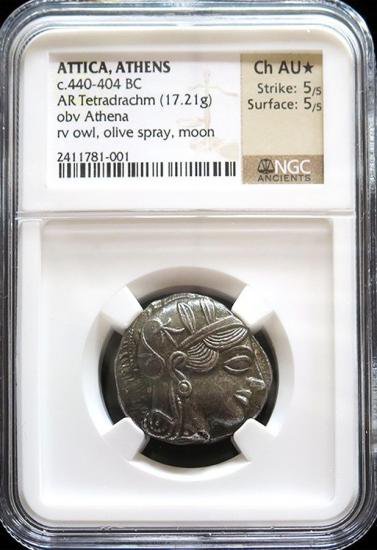 古代ギリシャ アッティカアテネ BC440-404 テトラドラクマ ふくろう 銀貨 NGC Ch AU☆ 5/5, 5/5 満点評価! 星付き! -  【鑑定済アンティークコイン専門店】オンラインネットショップ通販店舗『アンティークコインワールド』へようこそ！