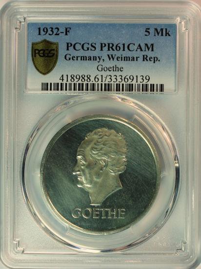 ドイツ ワイマール共和国 1932F 5マルク ゲーテ没後100周年記念銀貨 GOETHE PCGS PR61CAMEO プルーフ61 カメオ! -  【鑑定済アンティークコイン専門店】オンラインネットショップ通販店舗『アンティークコインワールド』へようこそ！