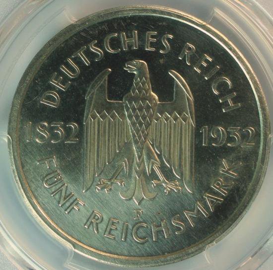 ドイツ ワイマール共和国 1932F 5マルク ゲーテ没後100周年記念銀貨 GOETHE PCGS PR61CAMEO プルーフ61 カメオ! -  【鑑定済アンティークコイン専門店】オンラインネットショップ通販店舗『アンティークコインワールド』へようこそ！