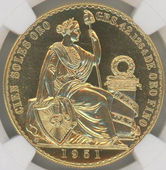 ペルー 1951 100ソル 女神の坐像 金貨 NGC MS66 ハイグレード! - 【鑑定 済アンティークコイン専門店】オンラインネットショップ通販店舗『アンティークコインワールド』へようこそ！